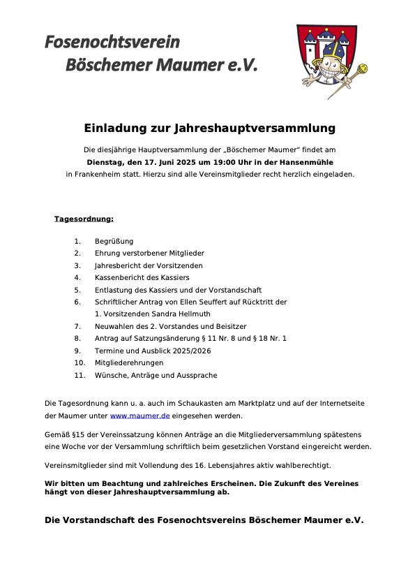 Einladung zur Jahreshauptversammlung