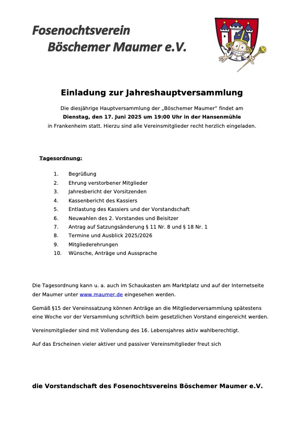 Einladung zur Jahreshauptversammlung